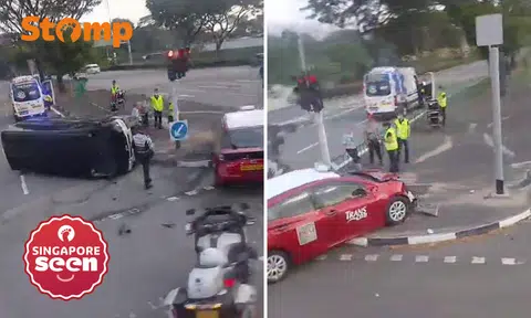 Van flipped on its side in accident with taxi near TPE flyover, driver assisting with police investigations