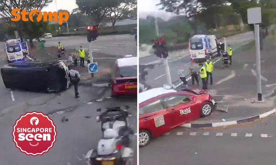 Van flipped on its side in accident with taxi near TPE flyover, driver assisting with police investigations