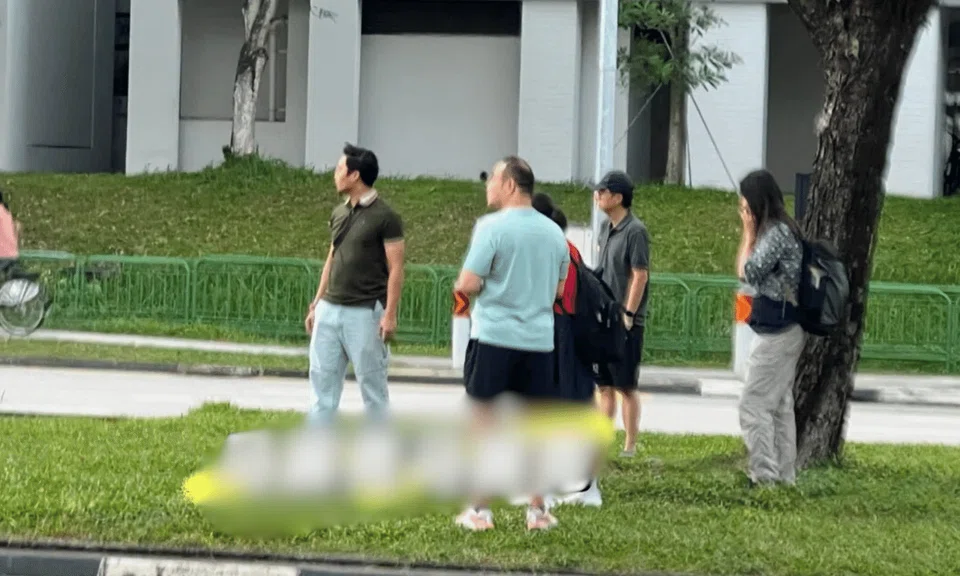 Passersby surround a woman who was knocked unconscious by a car while crossing the road at Jurong West.