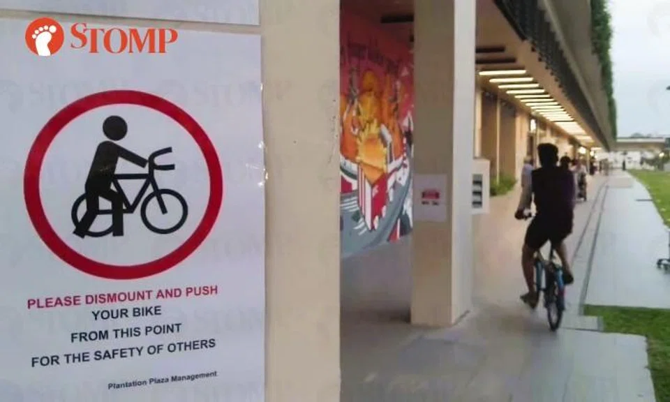 Cyclists riding on pedestrian walkway outside Plantation Plaza pose safety risks to public: Stomper