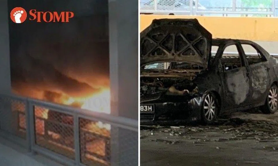 Fire alarm blasts as car gets engulfed in smoke and flames at multi-storey carpark in Punggol Drive