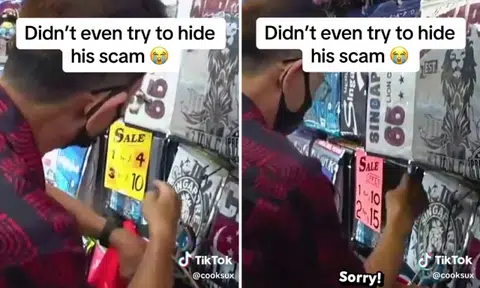 Souvenir T-shirt seller flips sign to show higher prices in front of tourists: 'We just saw you do that!'
