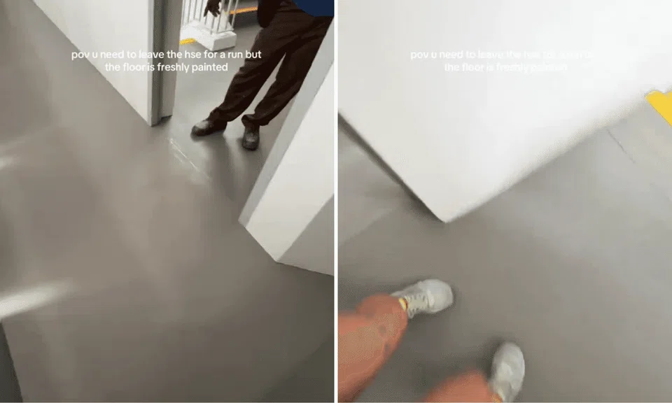 resident leaps across freshly painted corridor