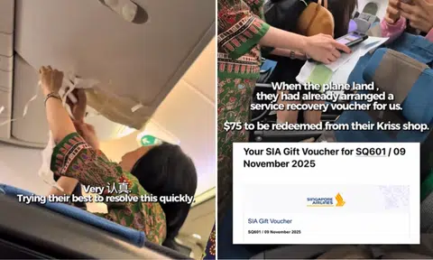 SIA cabin crew tape up dripping overhead compartment as passengers watch: 'Mini surgery in sky'