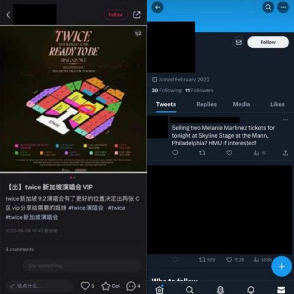 Examples of concert ticket listings on Xiaohongshu and X