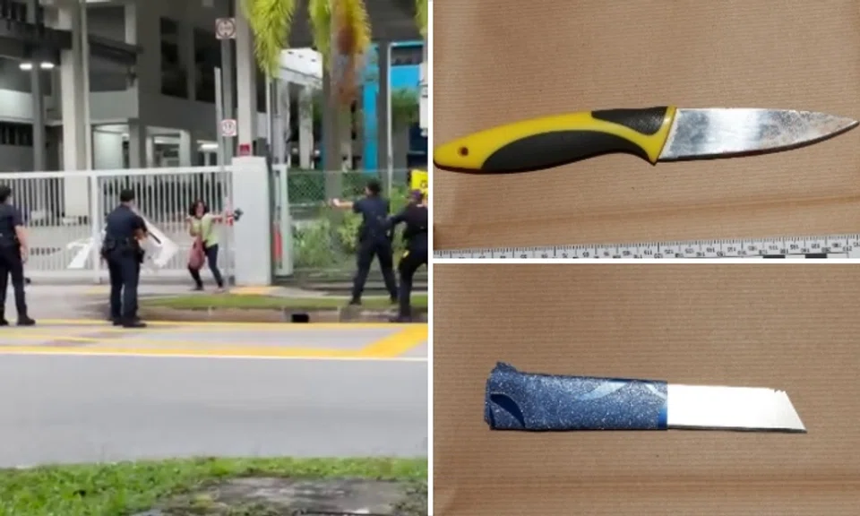 Juliana Abdul Kadir, 53, is a now accused of having in her possession a 21cm-long knife and a penknife blade measuring about 13cm outside the school on Monday evening.