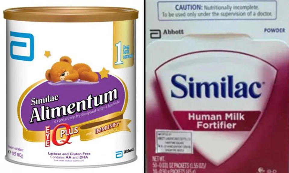 MOH has advised all public and private hospitals to cease the use of Abbott Similac Alimentum powdered infant formula (left) and Similac Human Milk Fortifier. PHOTOS: SINGAPORE FOOD AGENCY, ABBOTT