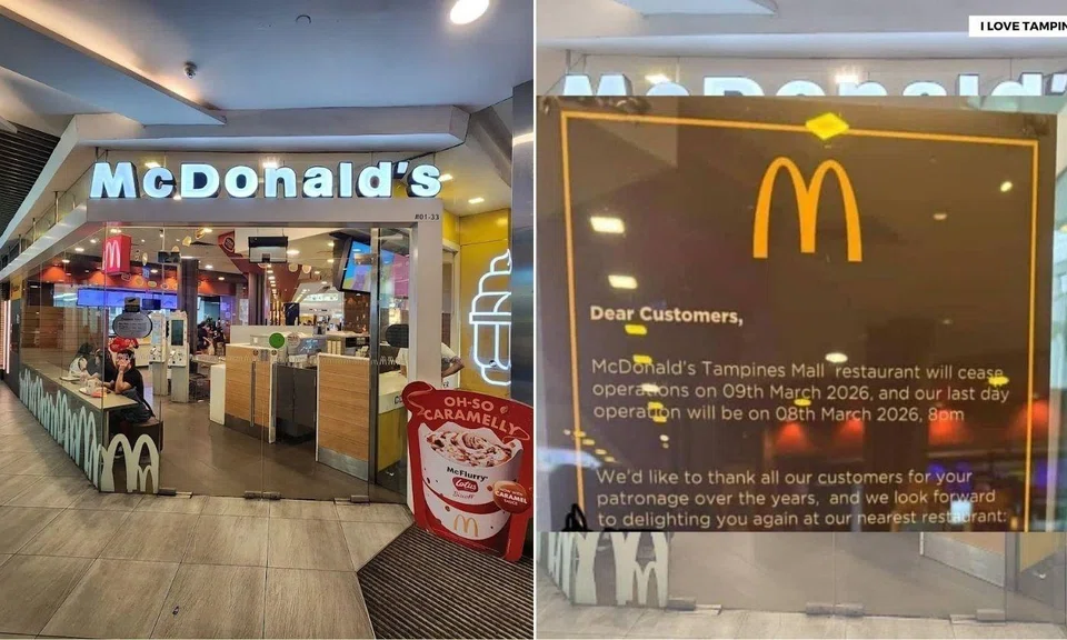 Left side shows the entrance of a McDonalds outlet, right side shows a notice announcing that the Tampines Mall McDonalds outlet will close in March.