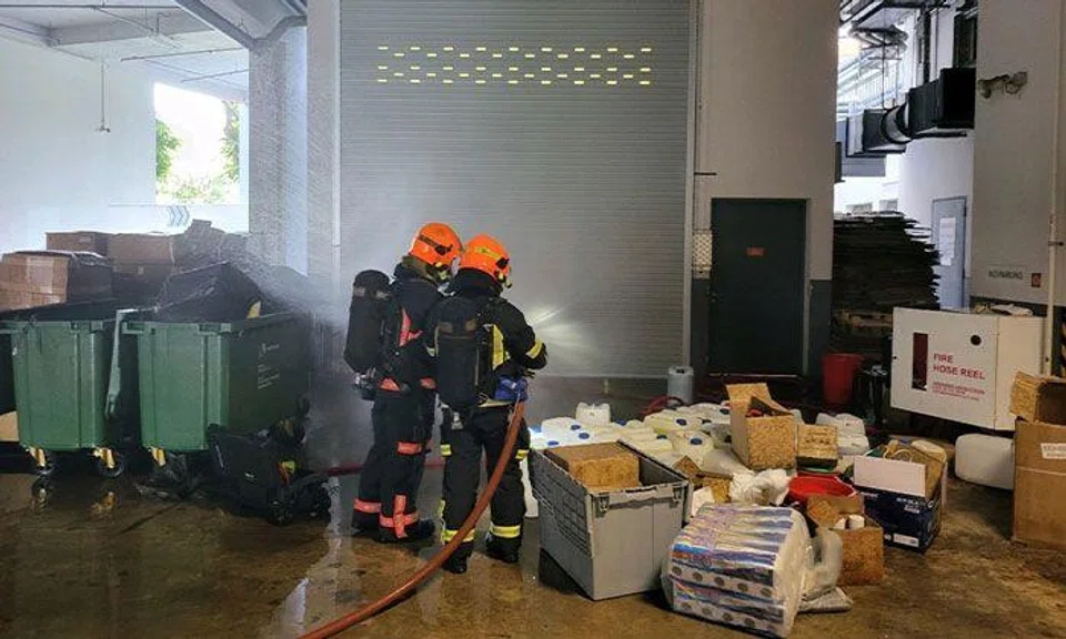 SCDF firefighters noted the presence of chlorine gas within a rubbish compactor room on the ground floor. PHOTO: SINGAPORE CIVIL DEFENCE FORCE/FACEBOOK