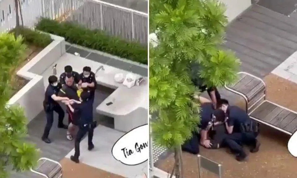 A video posted online shows four police officers apprehending the man who resisted and struggled against the police.