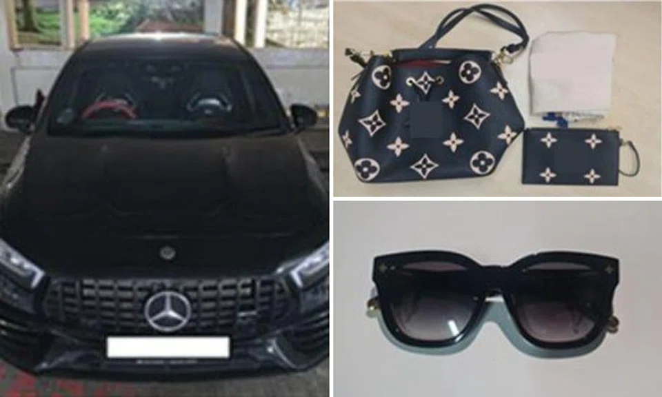A pair of slippers, a pair of sunglasses, a bag and a car were seized as proceeds of crime. Photos: Singapore Police Force