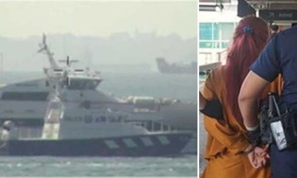 Police Coast Guard intercepted an Indonesia-bound ferry to arrest a woman passenger suspected of pouring hot water on a man four hours earlier in Macpherson.