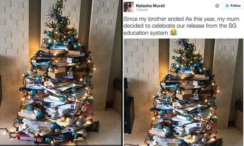S'pore mum makes hilarious Christmas tree out of A-Level assessment books