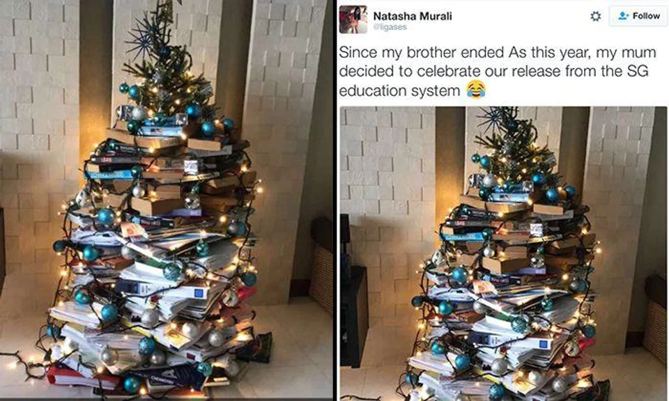 S'pore mum makes hilarious Christmas tree out of A-Level assessment books