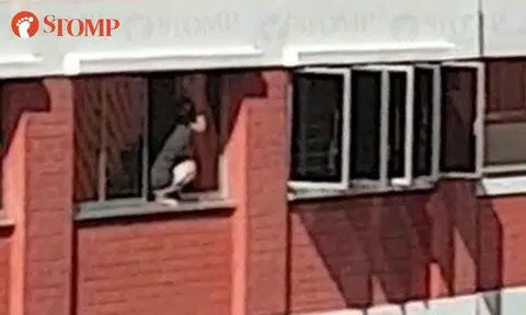 Woman squatting down on ledge to clean windows at Toh Yi Dr is "accident waiting to happen"