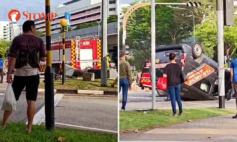 Driver, pedestrian and cyclist taken to hospital after Lalamove van skids, overturns in Woodlands
