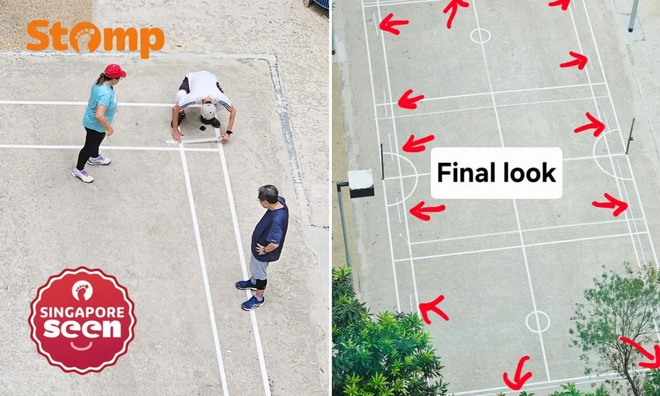 pickleball players use masking tape to mark out court at Admiralty Drive
