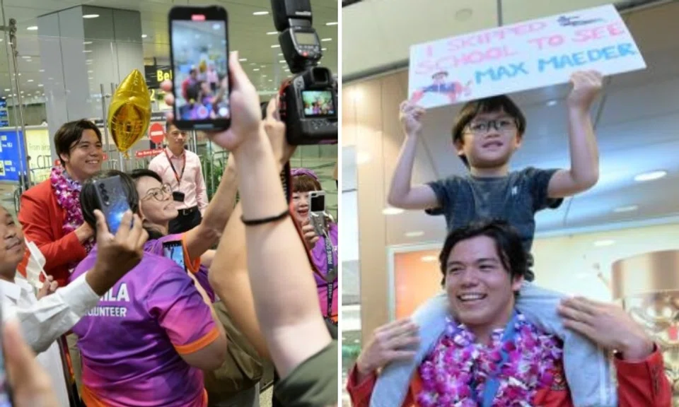 The arrival hall at Changi Airport Terminal 3 was busier than usual and crackled with anticipation before dawn on Aug 13 as Singapore welcomed its youngest Olympic medallist, kitefoiler Maximilian Maeder, back home. Photos: The Straits Times