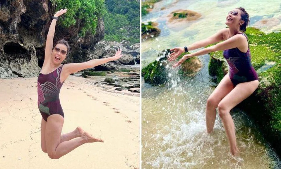 Zoe Tay posted photos of herself in a one-piece swimsuit frolicking on the beach on her social media on Saturday (May 20).
