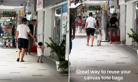 'Dad hacks': Man reuses tote bag to walk child in S'pore, draws praise for creativity