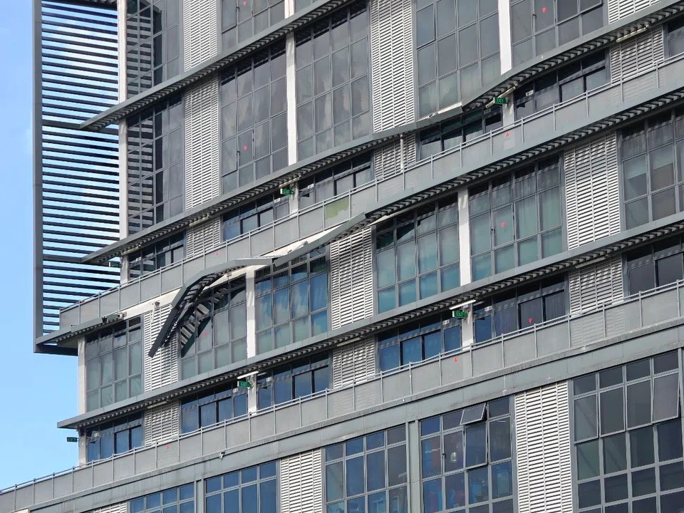 The collapsed external structure at Inspace at 24 New Industrial Road.