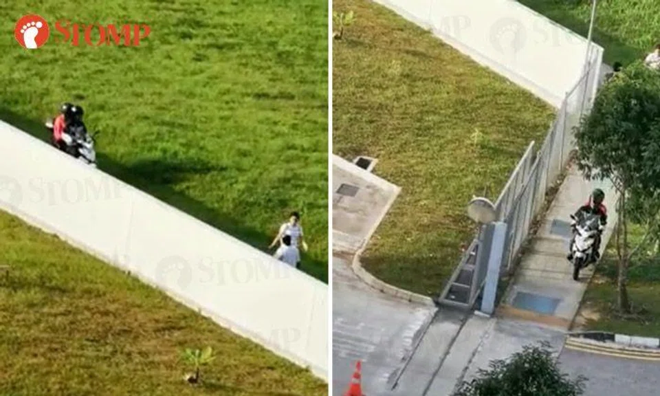 Motorcyclists take shortcut by riding on footpath in Jurong West