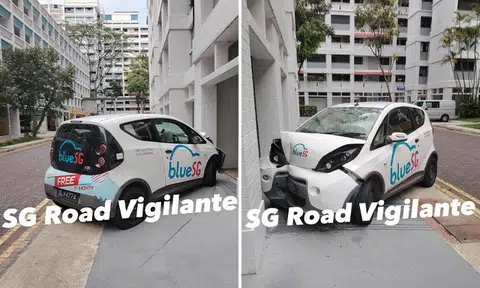 Police searching for driver who allegedly fled after crashing BlueSG car into Woodlands HDB block pillar