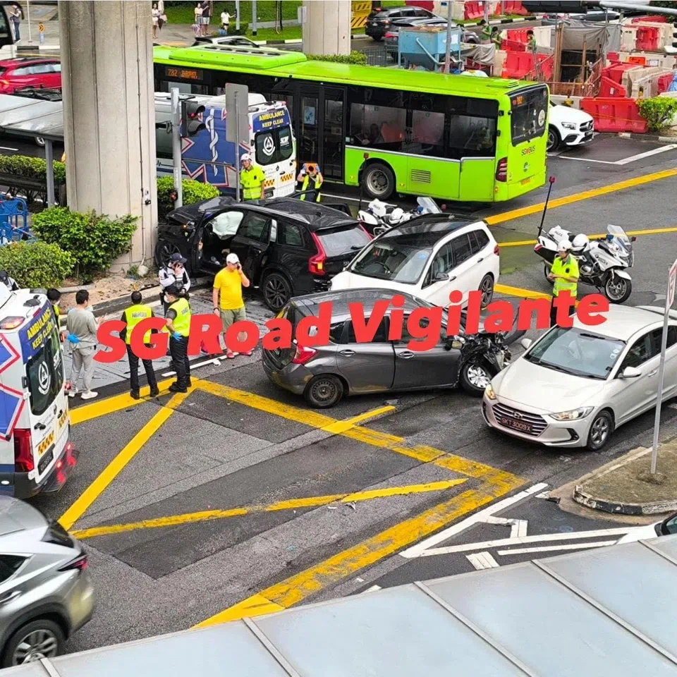 One of the cars is seen mounted on the kerb, while another appears to have been badly damaged in front.