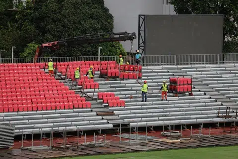 Construction work taking place on May 5 to increase Bishan Stadium’s seating capacity to 10,000 for the Lion City Sailors’ ACL2 final against Sharjah FC on May 18.