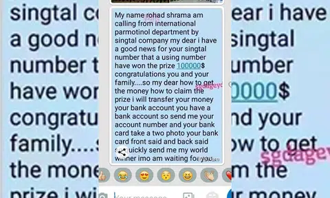 Text from foreign number offers woman $100k prize for her 'singtal' number -- in broken English