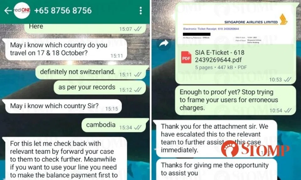 A man was charged $130 by virtual telco RedONE for apparently using a Switzerland roaming network on Oct 17, the day he was flying from Singapore to Cambodia.