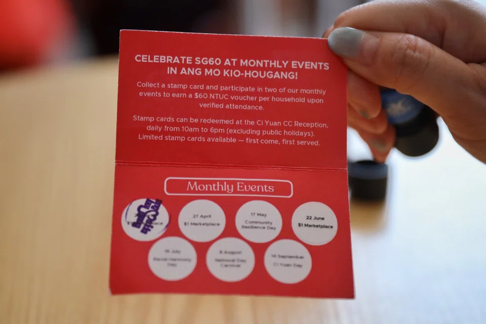 There is a stamp card initiative to encourage participation at monthly SG60 events, including Racial Harmony Day and National Day carnivals.