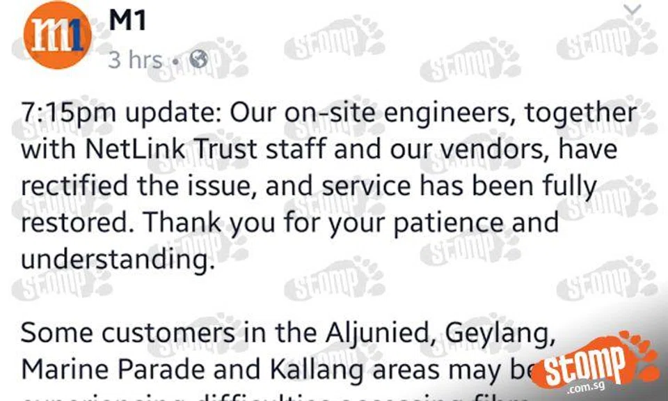 M1 fibre broadband network outage: Updates should be sent via sms and not just Facebook, says affected consumer