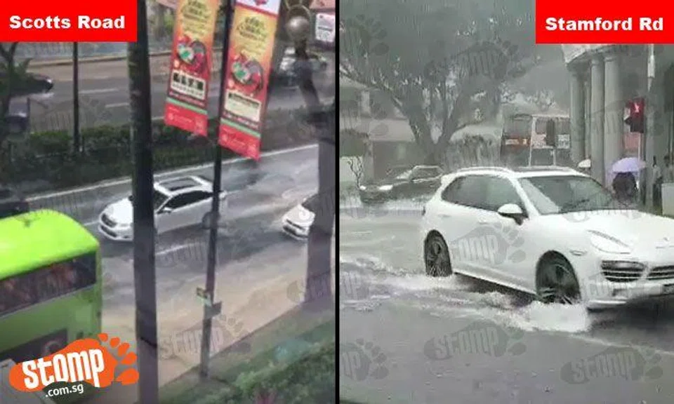 Heavy downpour causes flash floods at Scotts Road and Stamford Road