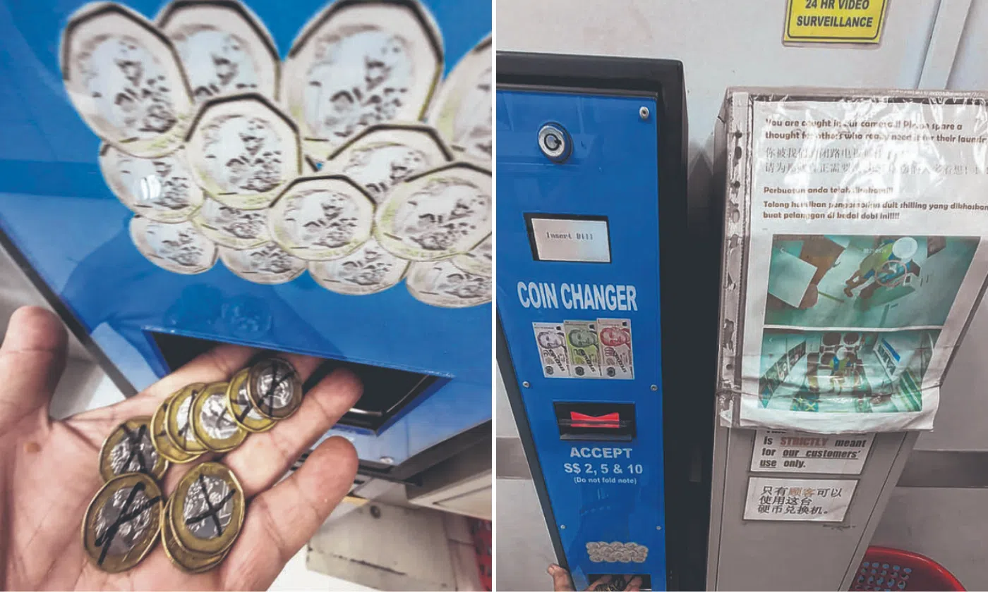 Self-service laundromat marks coins with 'X' to prevent misuse of coin ...