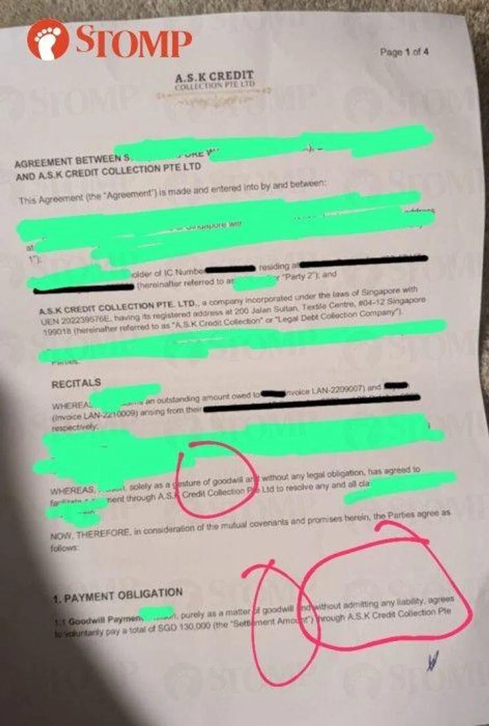 The Stomper's contract with Ask Credit Collection