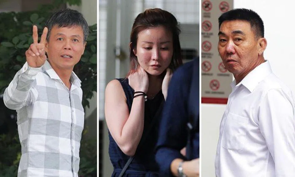 Ong Hock Chye (left) and Lim Hong Liang (right) are on trial for alleged involvement in a conspiracy to cause grievous hurt to Mr Joshua Koh Kian Yong, whom Ms Audrey Chen Ying Fang (center) was dating. Photos: The Straits Times