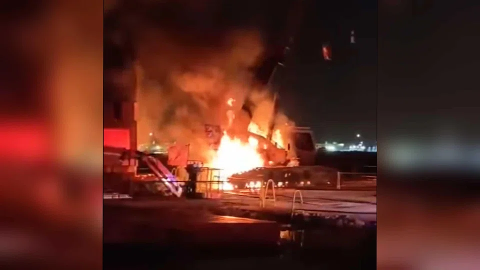 A video uploaded on Facebook shows a crane truck engulfed in flames.