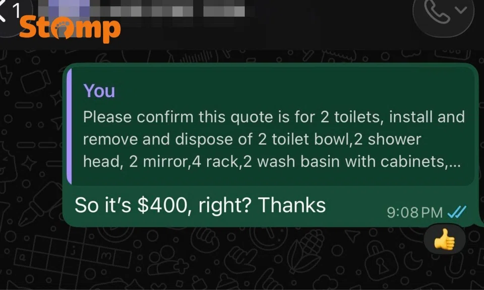 $400 or $2,200? Customer and plumbing company dispute WhatsApp quote