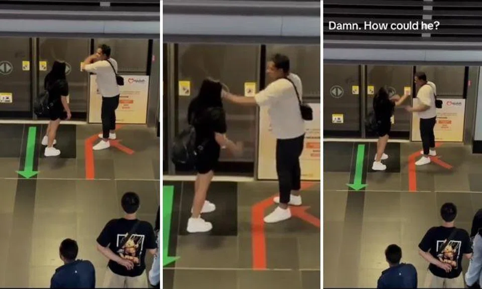Man slaps woman after she throws his stuff on ground in quarrel on MRT station platform