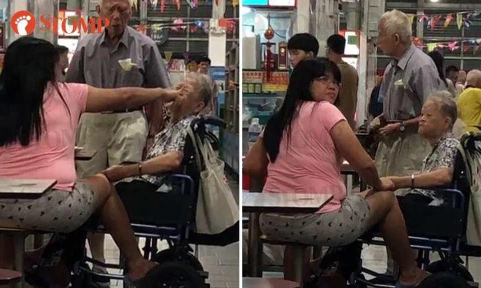 Woman pinches ah ma's breast, pushes water bottle and shoves fingers into her mouth