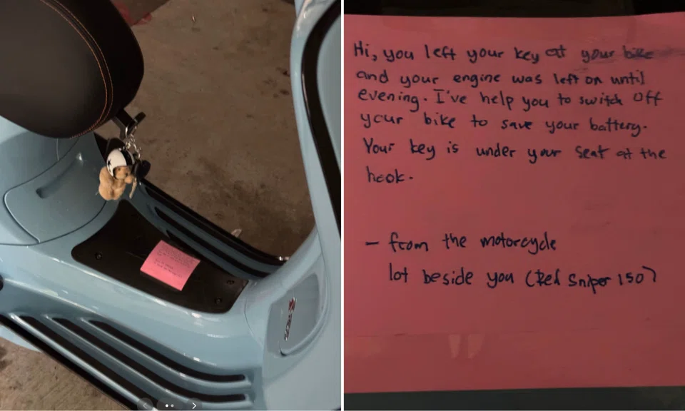 A motorcyclist found a note pasted on her bike and a key under her seat after she had accidentally left the engine running.