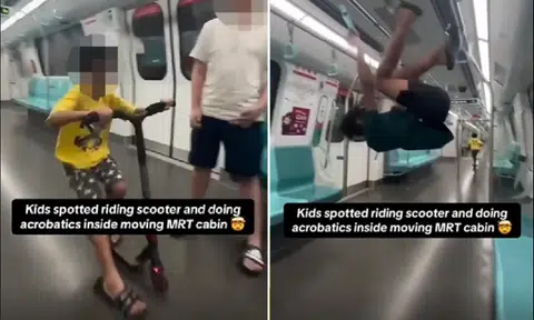 Children filmed riding scooter and hanging off MRT handrails
