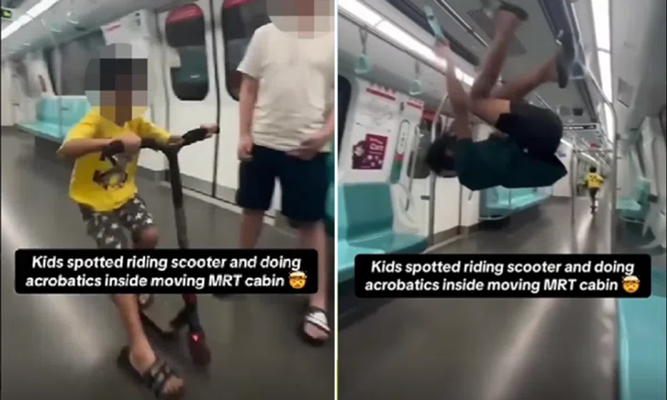 Children filmed riding scooter and hanging off MRT handrails