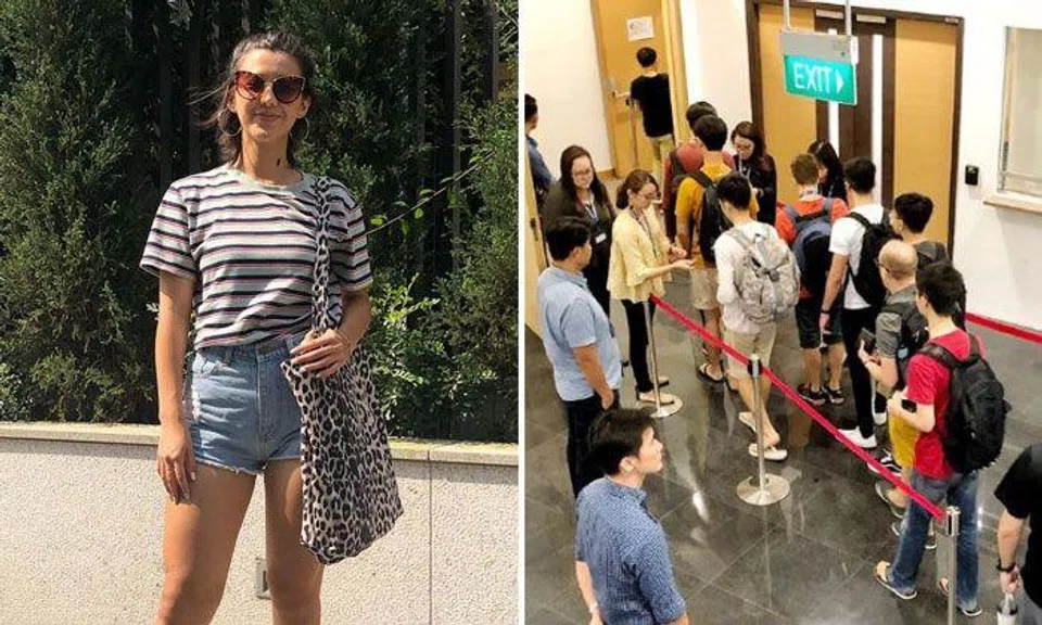 Ms Monica Baey (left) and National University of Singapore students queueing for a campus townhall on April 25, 2019. PHOTOS: GAVID FOO/ST, INSTAGRAM/MONICA BAEY