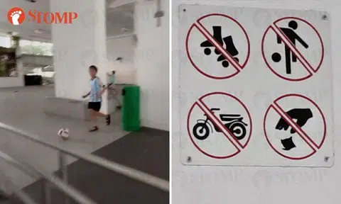 Yishun resident kicks up concern over kids ignoring 'no football' signs at void deck