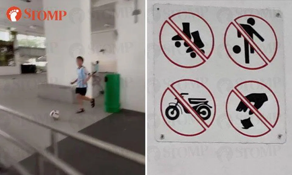 Yishun resident kicks up concern over kids ignoring 'no football' signs at void deck