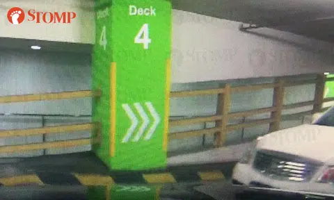 Goondu driver of Nissan SLK3595E drives up ramp of Plaza Sing carpark -- and against traffic flow