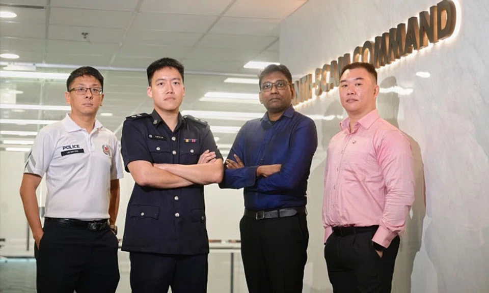 (From left) Assistant Superintendent Kenneth Lim, Officer-in-charge at the Anti-Scam Centre Timothy Ng, senior associate at DBS Anti-Scam Team Uthayakumar Chellappan Silvaraju, and OCBC Anti-Scam Unit investigator Peck Chun Hua. ST PHOTO: AZMI ATHNI
