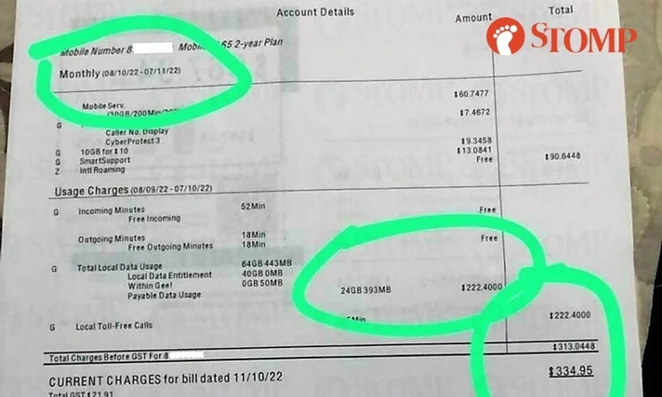 Sharing a photo of her bill, Stomper Elly said: "It is not even the end of the month. How come from Oct 8 to Nov 7, it is calculated as $300 plus already?"